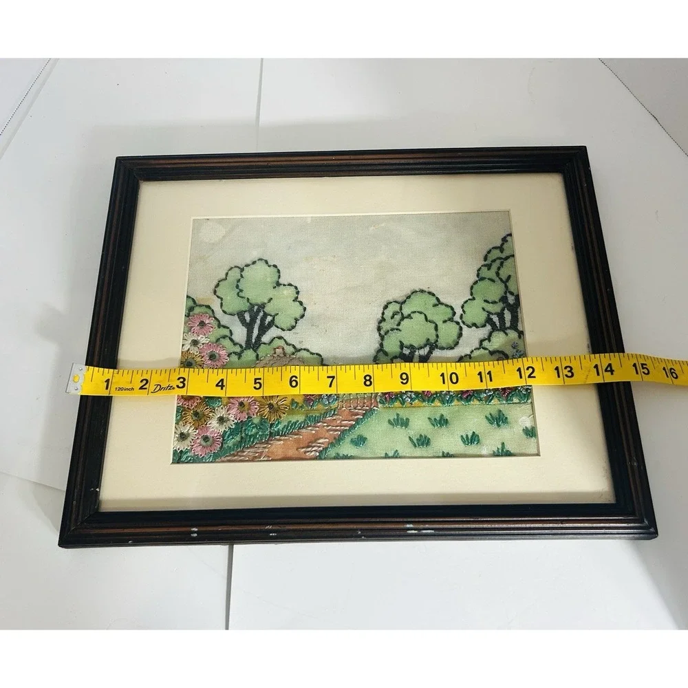 Vintage needle‎ point picture floral wood antique Framed 11x14 tapestry Farm